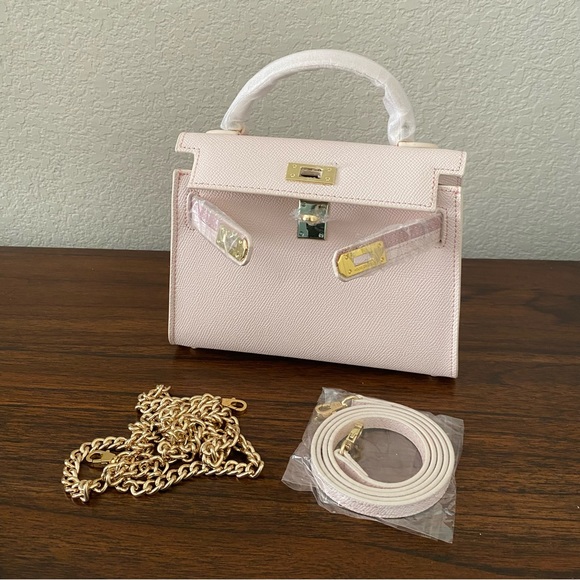 HOUSE OF HELLO Epsom Light Pink Leather Gold Satchel Bag Crossbody Dual Strap B4 - Picture 11 of 11